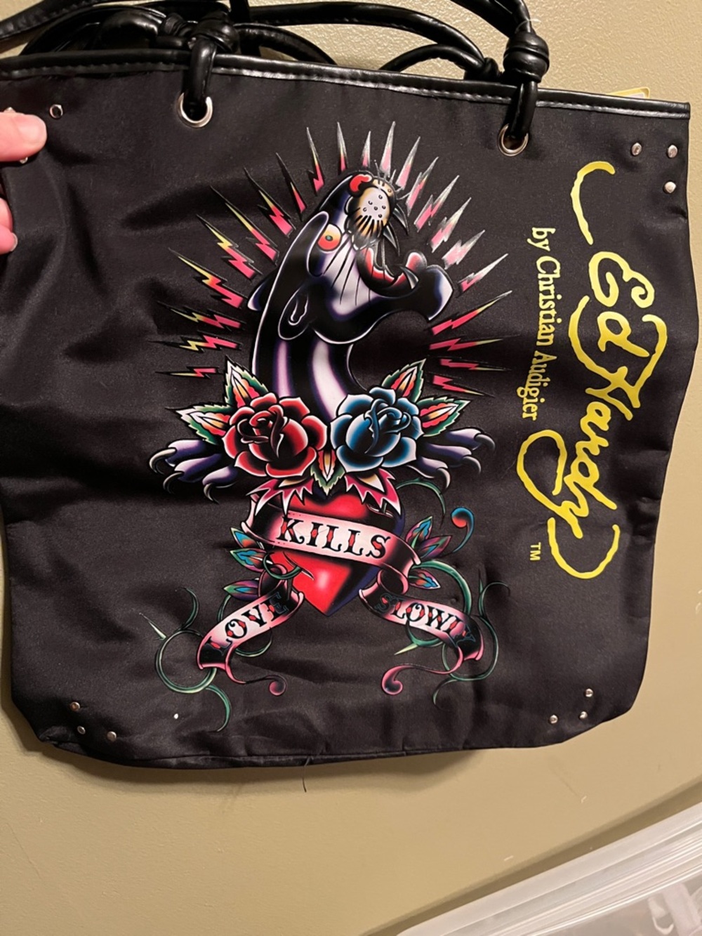 Christian Audigier Black Tote with Tattoo Heart & Floral Graphic